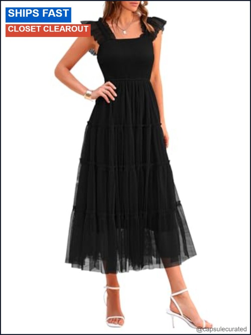 Women's Smocked Midi Tulle Dress Sleeveless Square Neck Flowy A-Line Summer